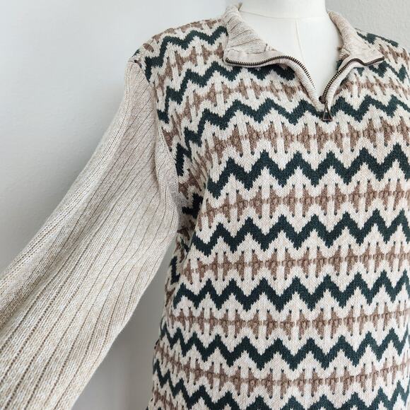 Vintage 90s Christopher & Banks Tan Green Southwestern Knit Quarter Zip Sweater - Picture 2 of 10